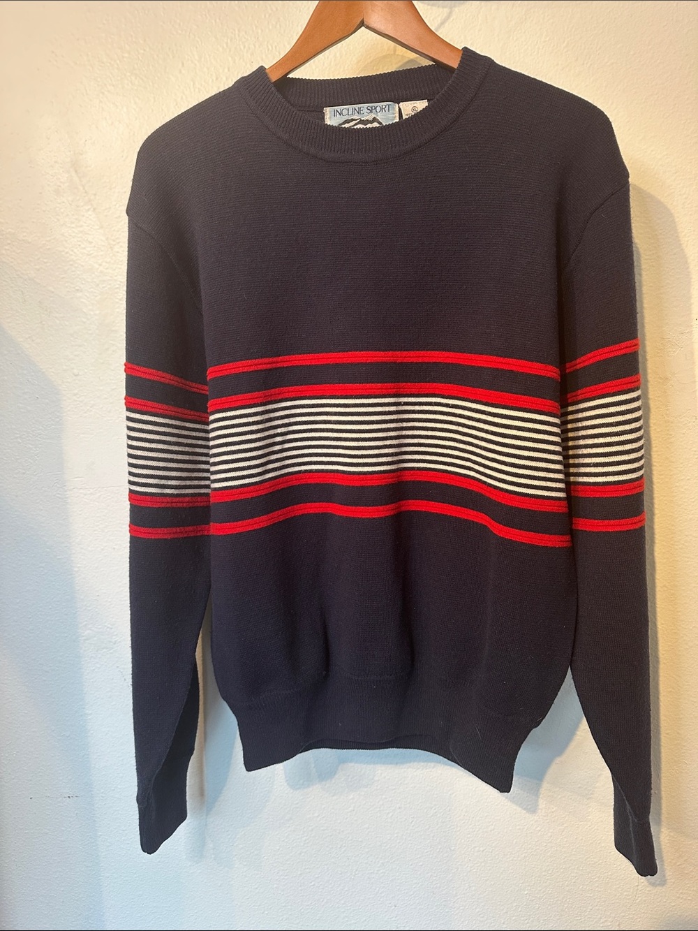 VTG Incline Sport Navy Crewneck Sweater with Red & White Stripes XL